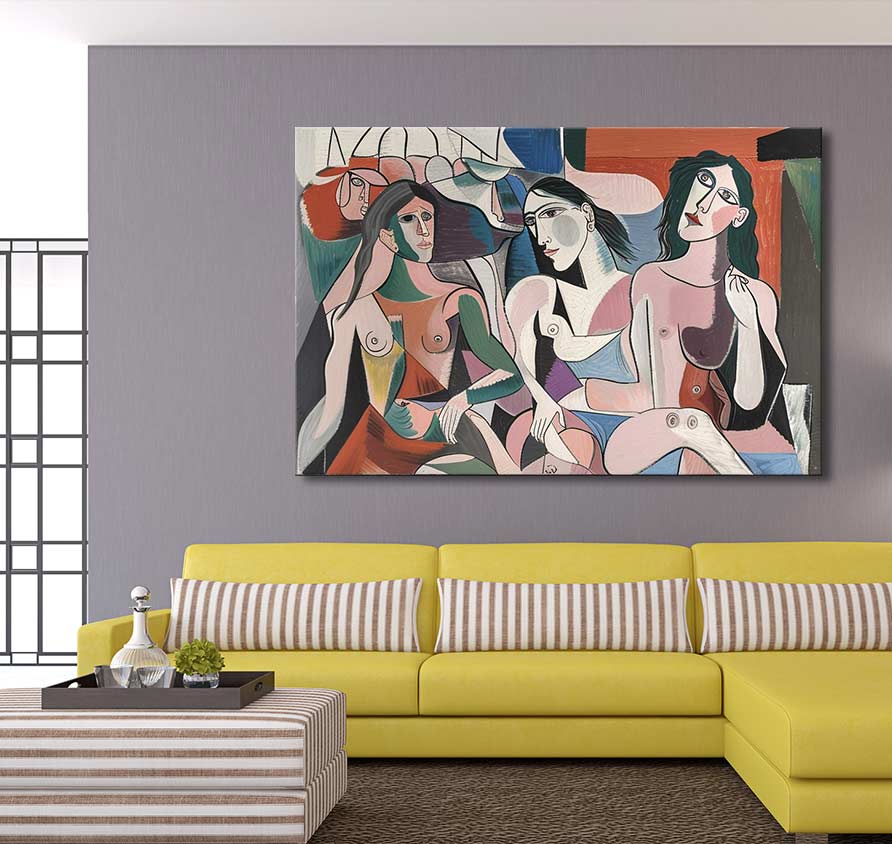 Picasso signature - Ladies of Avignon 3: Hand-painted abstract of nude women in cubist style, displayed above a modern yellow sectional in a sophisticated living room.