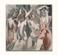 Cubist-style painting with four stylized female figures, titled Picasso signature - The Ladies of Avignon 4. Modern, hand-painted, ready to hang.