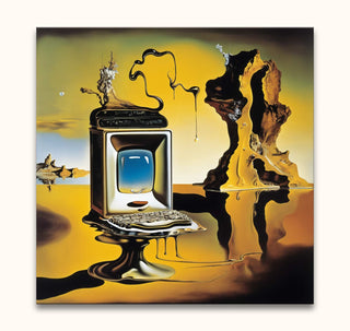 Surreal painting of a melting CRT monitor and keyboard in a Salvador Dali style, titled 'Vintage Dreams,' hand-painted with gold and blue tones.