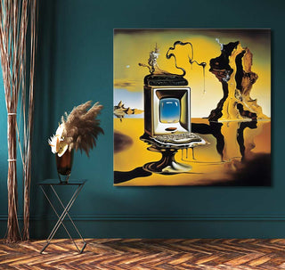 Surrealist painting titled Vintage Dreams by Salvador Dali, showcasing a melting retro computer in a dreamlike landscape, ideal for modern art enthusiasts.