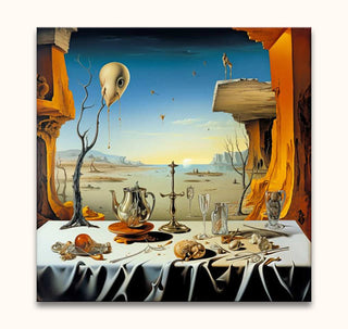 Surreal still-life with Dali's Het Avondmaal, featuring a silver teapot, candlestick, and tree sculpture on a dreamlike landscape. High-quality hand-painted oil masterpiece.