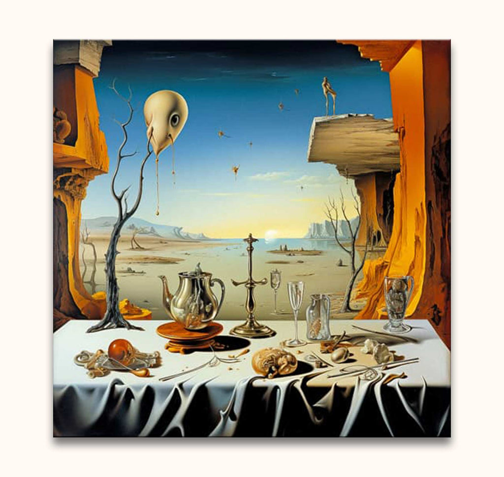 Surreal still-life with Dali's Het Avondmaal, featuring a silver teapot, candlestick, and tree sculpture on a dreamlike landscape. High-quality hand-painted oil masterpiece.