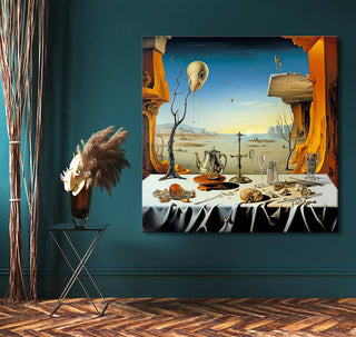 Surrealist painting 'Het Avondmaal' by Salvador Dali, featuring a barren landscape with still life and abstract elements, leaning against a teal wall.