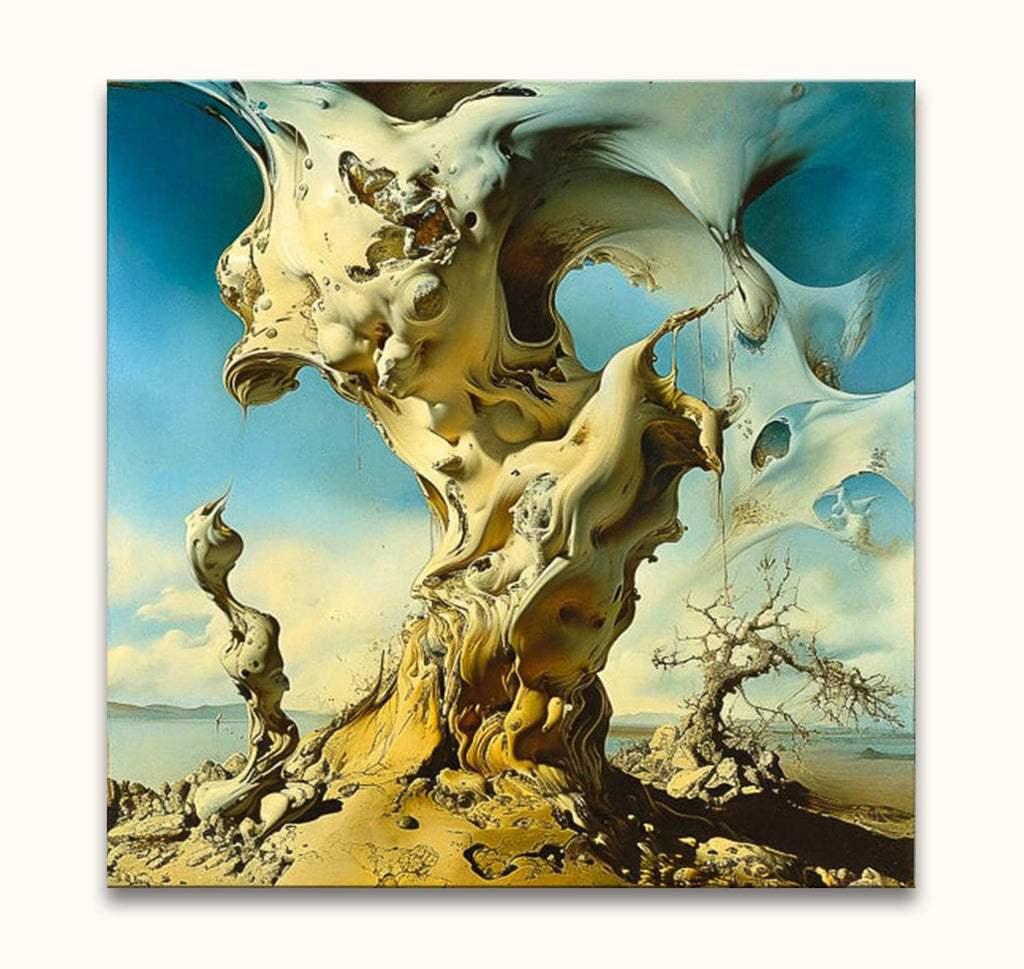 Surreal landscape artwork titled Daydream by Salvador Dali. Features a twisting column and gnarled tree, oil-painted on museum-quality canvas.