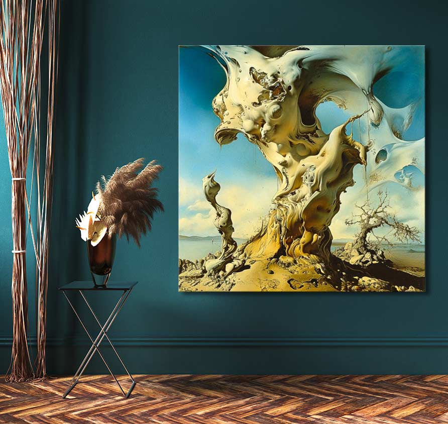 Surrealist painting Daydream by Salvador Dali, featuring a melting form in a desert landscape, mounted on a teal wall with modern decor.