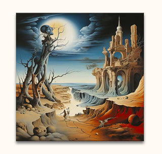 Surreal landscape painting Landschap van de Nacht with skull tree, figures, ruins, and spheres. Salvador Dali-inspired oil artwork on museum-quality canvas.
