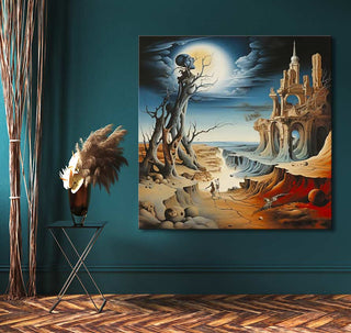 Surrealist landscape oil painting, Landschap van de Nacht by Salvador Dali, featuring moonlit sky, gnarled tree, and castle ruins. Ideal for modern art lovers.