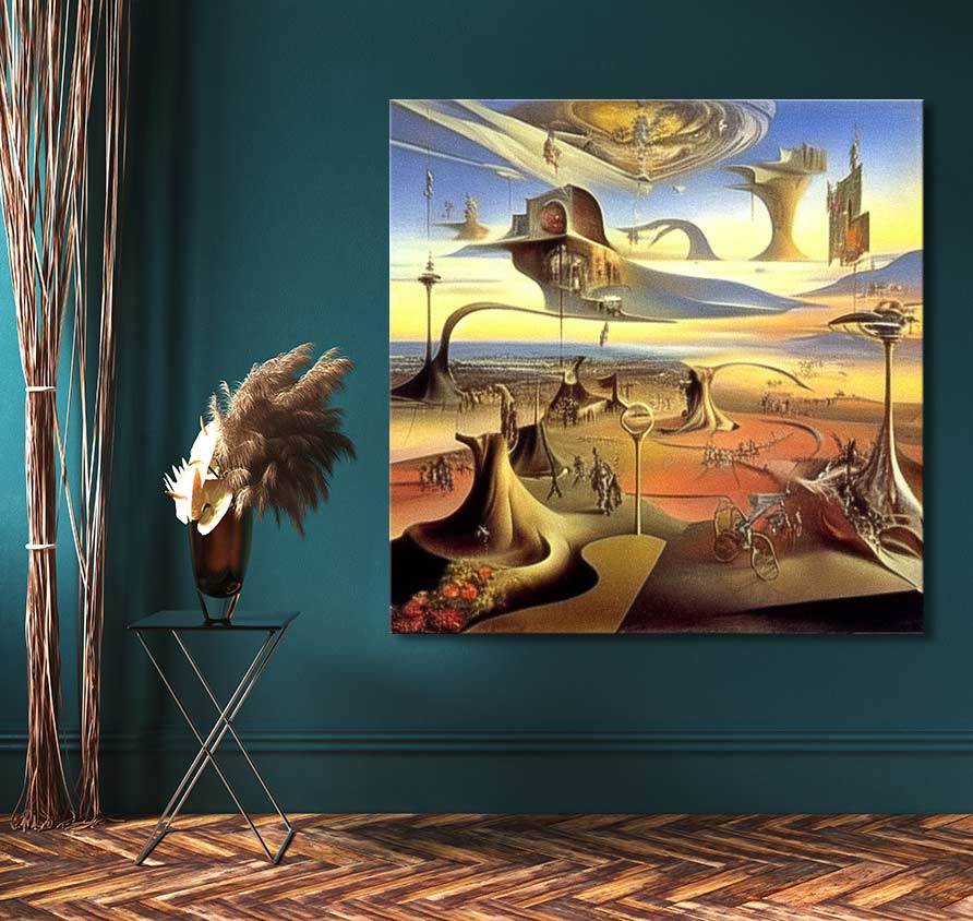 Surreal-style painting Lucid Dream with Salvador Dali signature, depicting a dreamlike desert landscape. Features professional oil on wood-framed, ready-to-hang canvas.