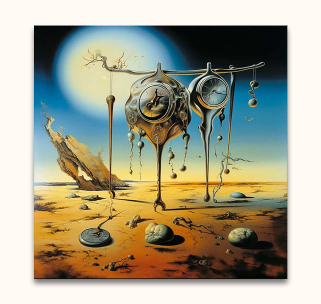 Surreal Salvador Dali-inspired landscape with melting clocks on a desert floor; hand-painted oil on canvas, ready to hang. Perfect for modern art lovers.