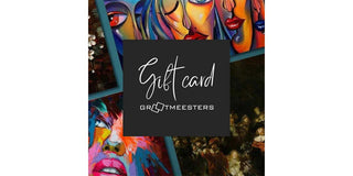 De Grootmeesters Cadeaubon featuring a central logo with Gift card text, surrounded by vibrant pop-art faces and a classical painting backdrop, ideal for gifting.