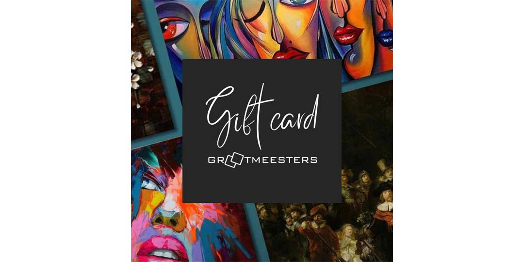 De Grootmeesters Cadeaubon featuring a central logo with Gift card text, surrounded by vibrant pop-art faces and a classical painting backdrop, ideal for gifting.