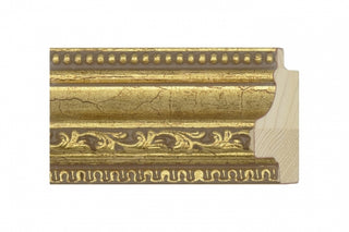 Gouden Sierlijst: Ornate gold frame moulding with beading and leaf motifs, made of wood, perfect for enhancing artworks or mirrors.
