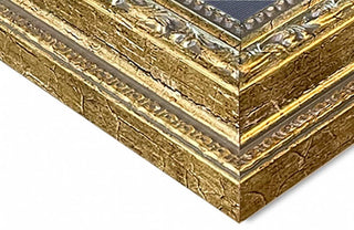 Gouden Sierlijst corner detail, showcasing ornate gilt frame with layered moulding and decorative relief on wood, 50x40 mm profile. Ideal for elegant interior designs.