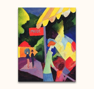 August Macke's Fashion Store Window depicts a vibrant urban scene with four figures amidst colorful geometric forms, capturing modernist expression on museum-quality canvas.