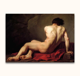 Jacques Louis David's Patroclus, a hand-painted oil depicting a nude male figure seated on a red drape, emphasizing classical form and musculature.