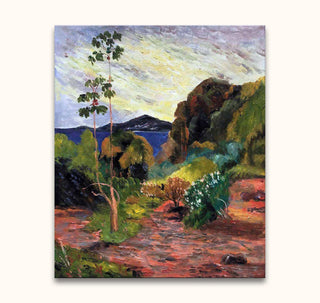 Paul Gauguin - Martinique Landschap: Oil painting of a sunlit garden path leading to a bay, with vibrant foliage and hills, showcasing impressionistic brushwork.