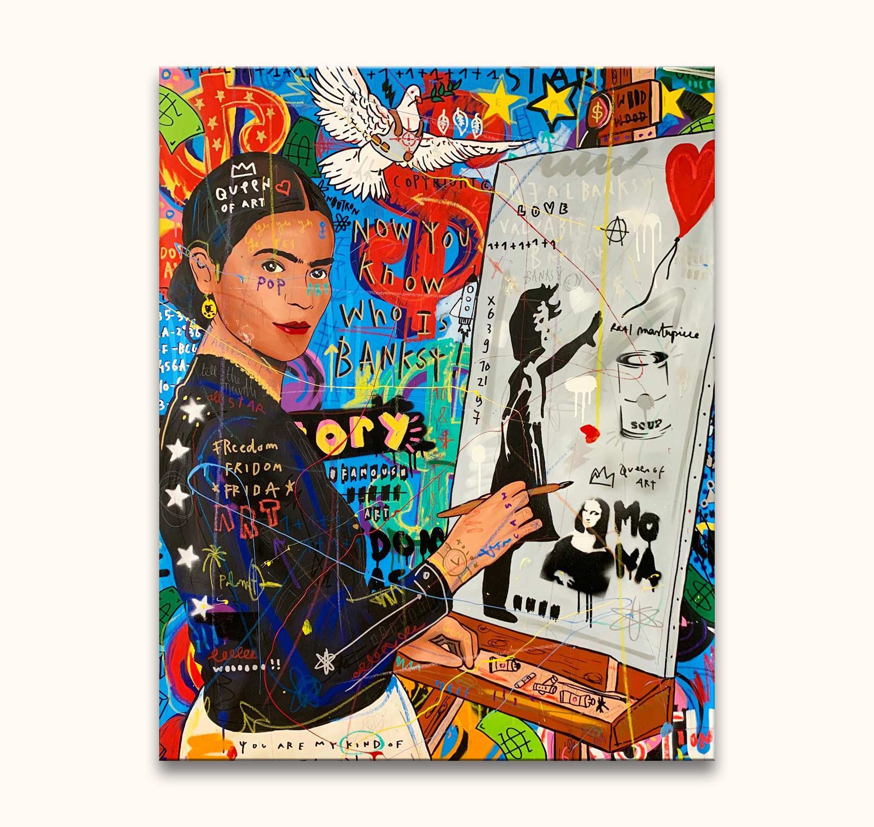 Jisbar's Frida painting featuring Frida Kahlo creating Banksy-style art, blending pop and graffiti elements. Hand-painted on museum-quality canvas, ready to hang.