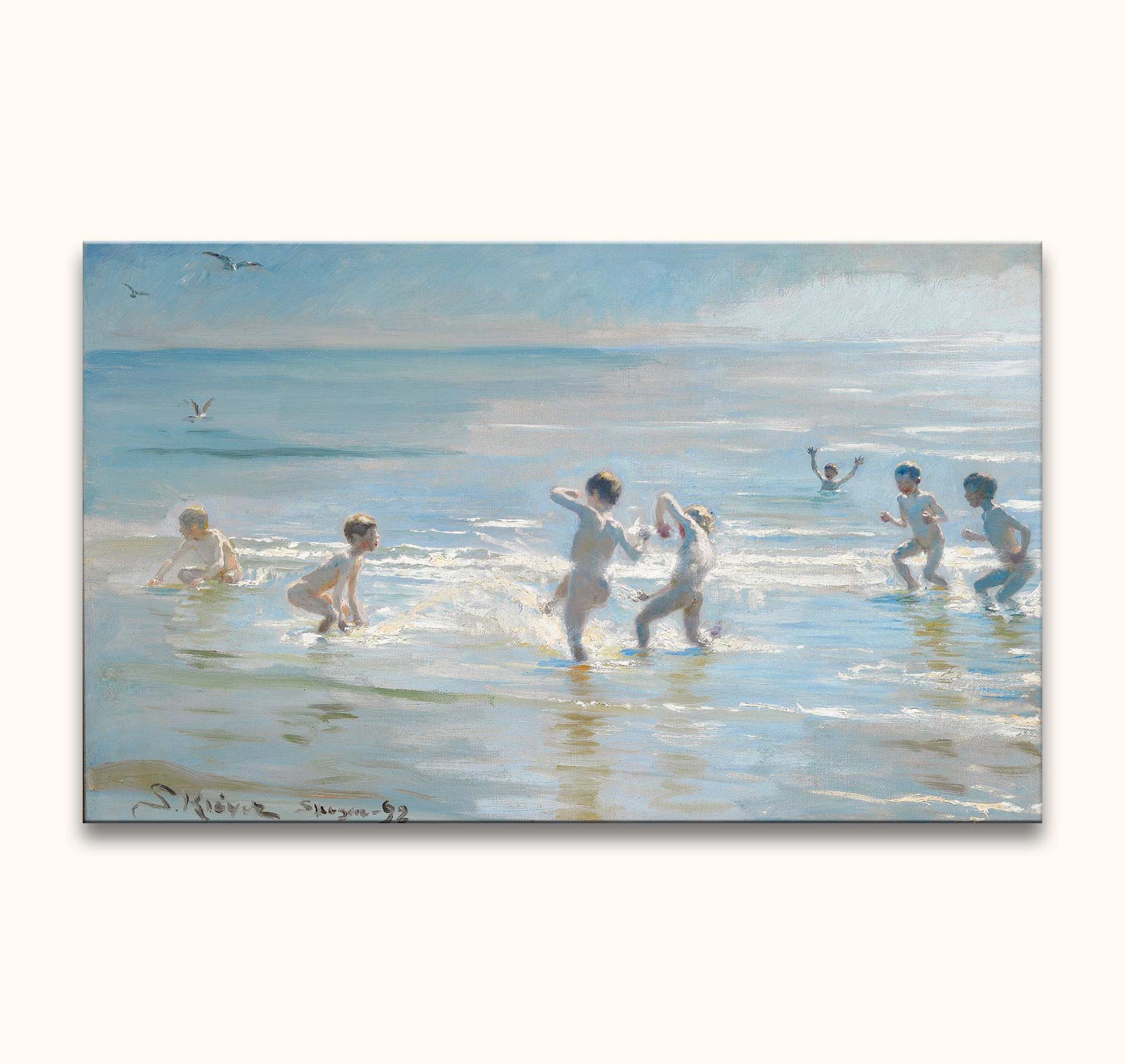 Peder Severin Krøyer's Jongens Baden bij Skagen Strand depicts children playing in the sea, reflecting impressionistic style with airy brushwork.