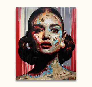 Loui Jover's 'Ready for Action' portrait features a woman's collage face with expressive brushwork, showcasing pop art style on museum-quality canvas.