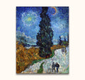 Vincent van Gogh's Landweg in de Provence bij Nacht: a vivid Post-Impressionist scene with a winding road, cypress tree, and figures, hand-painted on high-quality canvas.