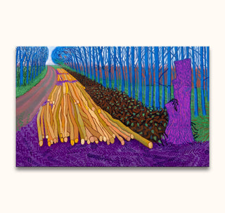 David Hockney's Winter Timber depicts a vibrant forest scene with felled logs and standing trees. A modern impressionist oil painting on museum-quality canvas.
