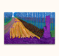 David Hockney's Winter Timber depicts a vibrant forest scene with felled logs and standing trees. A modern impressionist oil painting on museum-quality canvas.