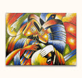Twee abstracte figuren in kubistische stijl, Annabella luistert naar gitaar, geïnspireerd door Picasso. Olieverf op canvas, rijk aan kleur en beweging.