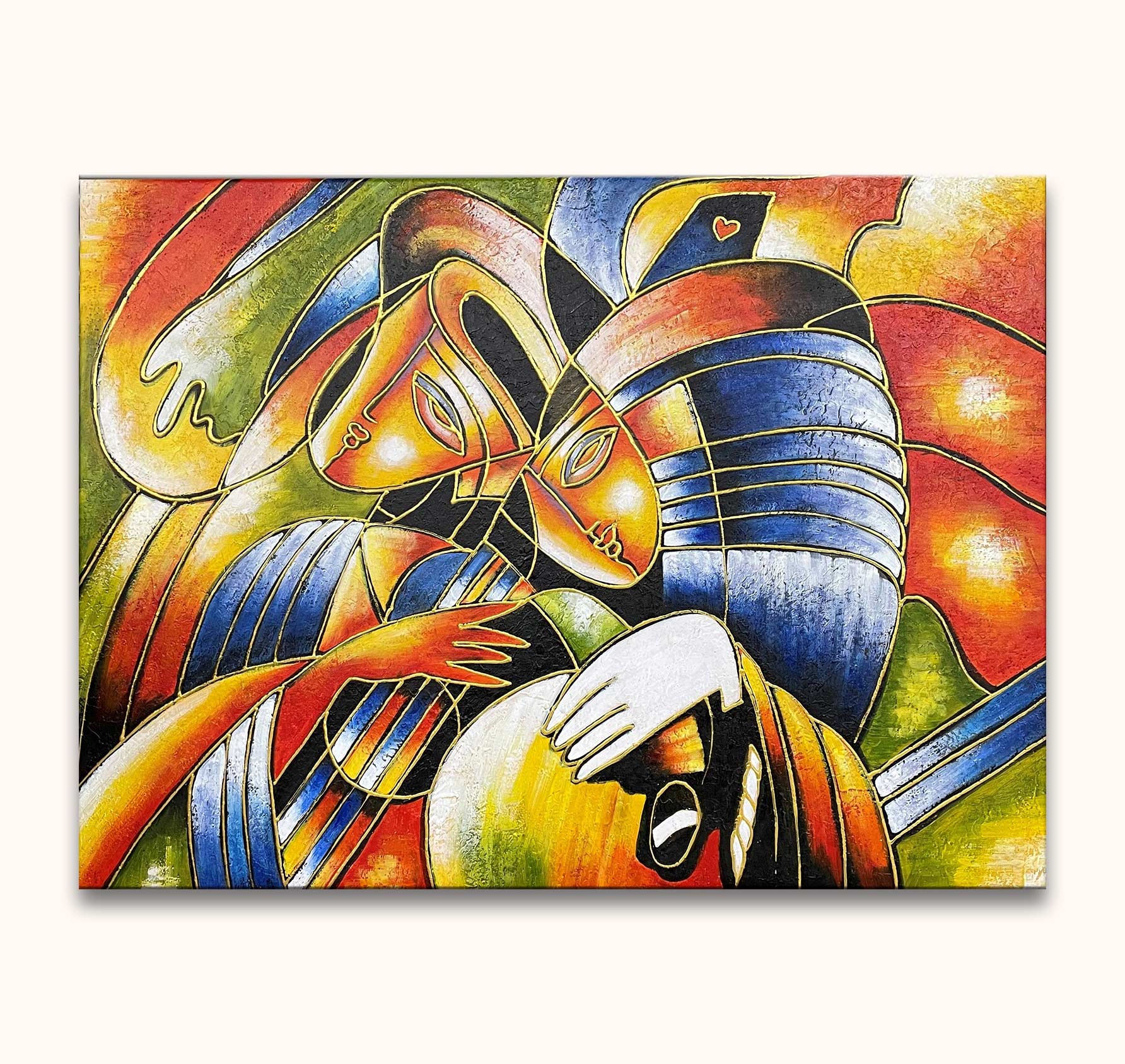 Twee abstracte figuren in kubistische stijl, Annabella luistert naar gitaar, geïnspireerd door Picasso. Olieverf op canvas, rijk aan kleur en beweging.