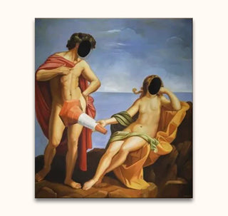 Banksy - Adonis & Venus: A digital collage merging classical nude figures with modern elements, featuring featureless faces and a red-and-white cone, hand-painted on canvas.