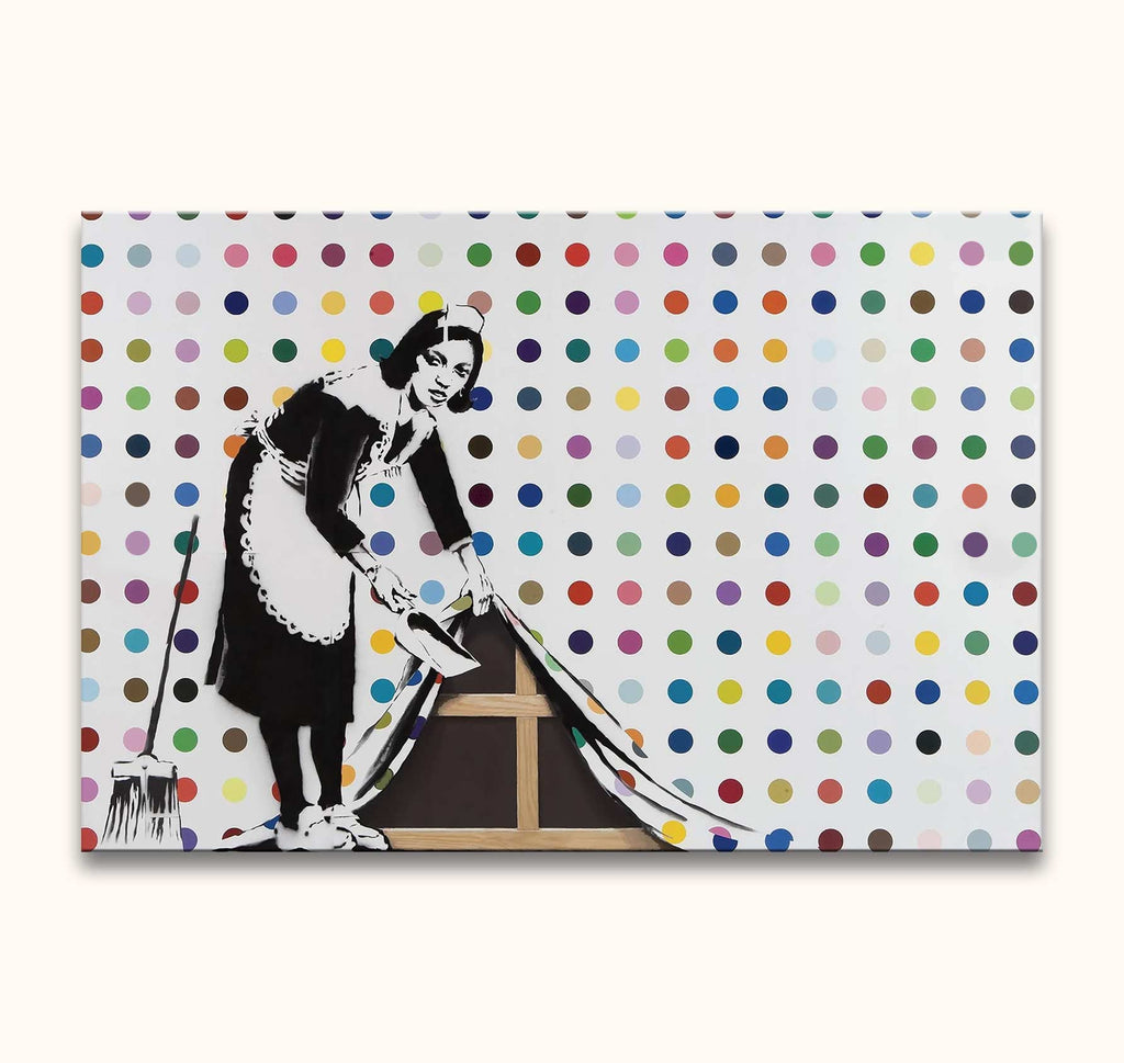 Banksy - Keep it Spotless: A 1950s maid stencil lifts vibrant polka-dot wallpaper, revealing a canvas frame. Hand-painted pop art, ready to hang, UV-protected.
