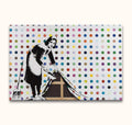 Banksy - Keep it Spotless: A 1950s maid stencil lifts vibrant polka-dot wallpaper, revealing a canvas frame. Hand-painted pop art, ready to hang, UV-protected.