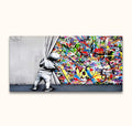 Banksy - Live like a Kid (75x37cm): Child pulls back gray curtain, revealing vibrant graffiti. Hand-painted, high-quality oil on museum-grade canvas. Ready to hang.