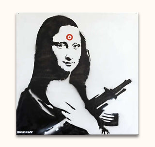 Banksy - Monalisa: A hand-painted pop art piece featuring Mona Lisa with an assault rifle and a red target on her forehead.