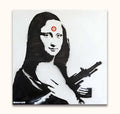 Banksy - Monalisa: A hand-painted pop art piece featuring Mona Lisa with an assault rifle and a red target on her forehead.