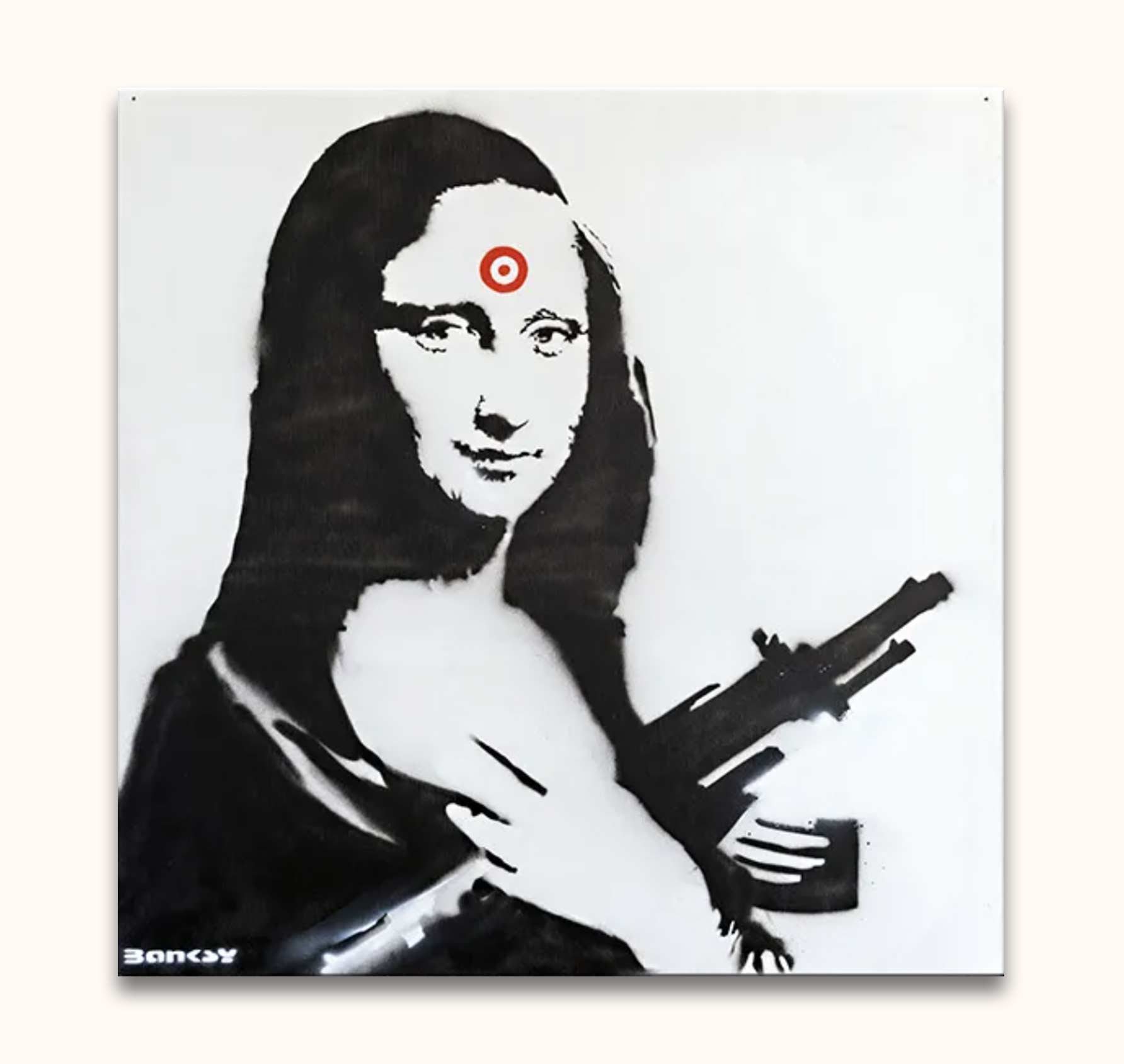 Banksy - Monalisa: A hand-painted pop art piece featuring Mona Lisa with an assault rifle and a red target on her forehead.
