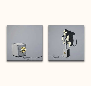 Banksy - Monkey Burglary: Two-panel street art-style painting of a monkey powering a banana-decorated safe with a lever. Hand-painted, ready to hang on museum-quality canvas.