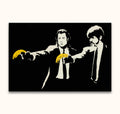 Banksy - Pulp Fiction: Two men in suits hold yellow bananas like pistols, a parody of crime films. Hand-painted pop art in high-quality oil on canvas.