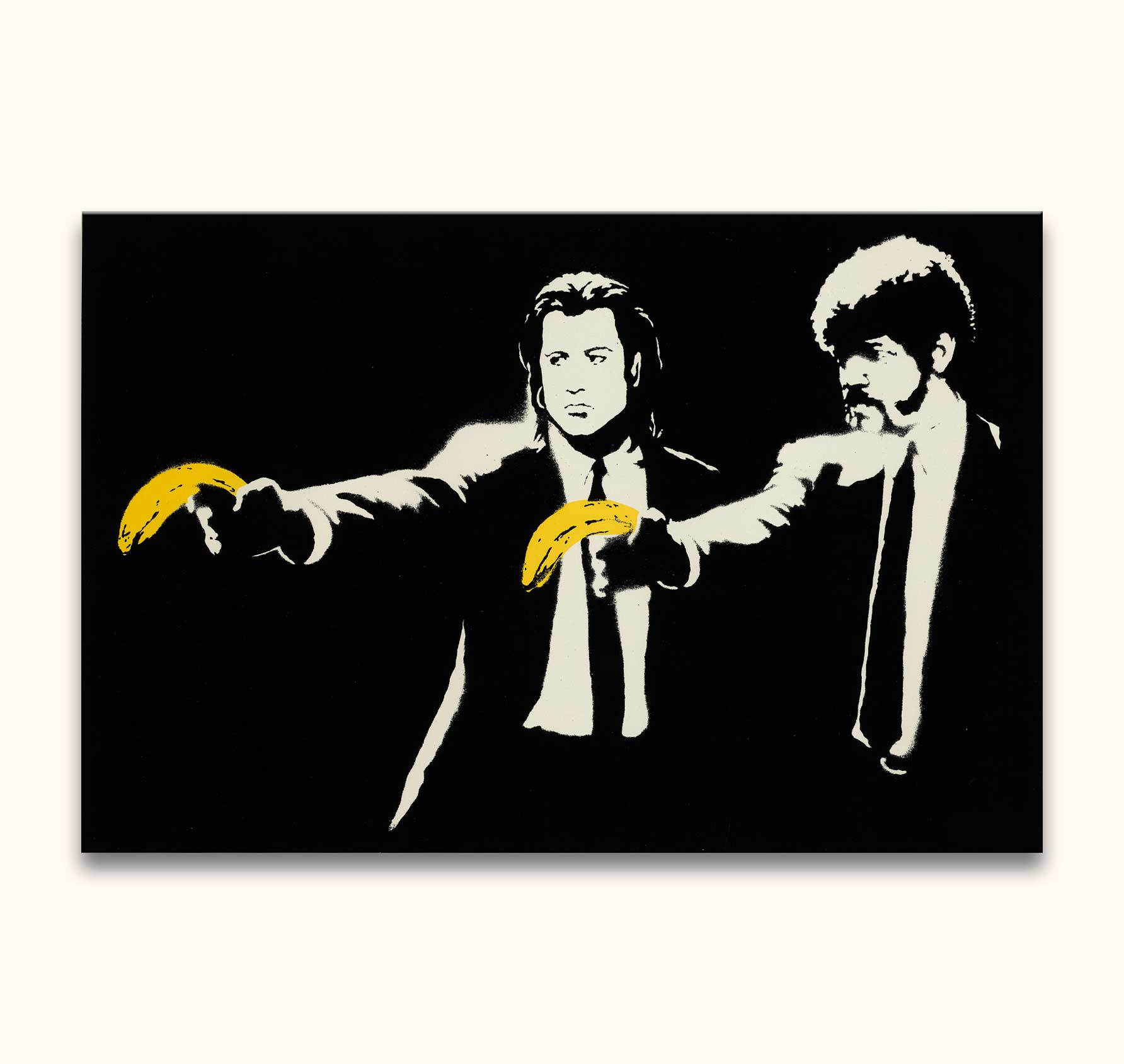 Banksy - Pulp Fiction: Two men in suits hold yellow bananas like pistols, a parody of crime films. Hand-painted pop art in high-quality oil on canvas.