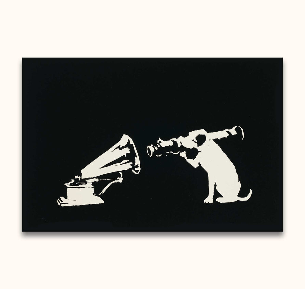 Banksy - His Master's Voice: A playful black-and-white stencil-style artwork featuring a dog with a telescope peering into a gramophone's horn, capturing pop art charm.