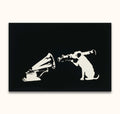 Banksy - His Master's Voice: A playful black-and-white stencil-style artwork featuring a dog with a telescope peering into a gramophone's horn, capturing pop art charm.