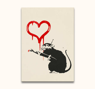 Banksy - The Rat: A hand-painted, high-quality oil painting of a stencil-style rat with a paintbrush, creating a dripping red heart, showcasing modern graffiti art.