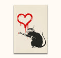 Banksy - The Rat: A hand-painted, high-quality oil painting of a stencil-style rat with a paintbrush, creating a dripping red heart, showcasing modern graffiti art.