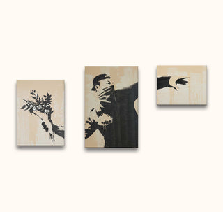 Triptych artwork Banksy - The Riot (3-luik) featuring a flower thrower. Hand-painted in stencil style, perfect for pop art and street art enthusiasts.