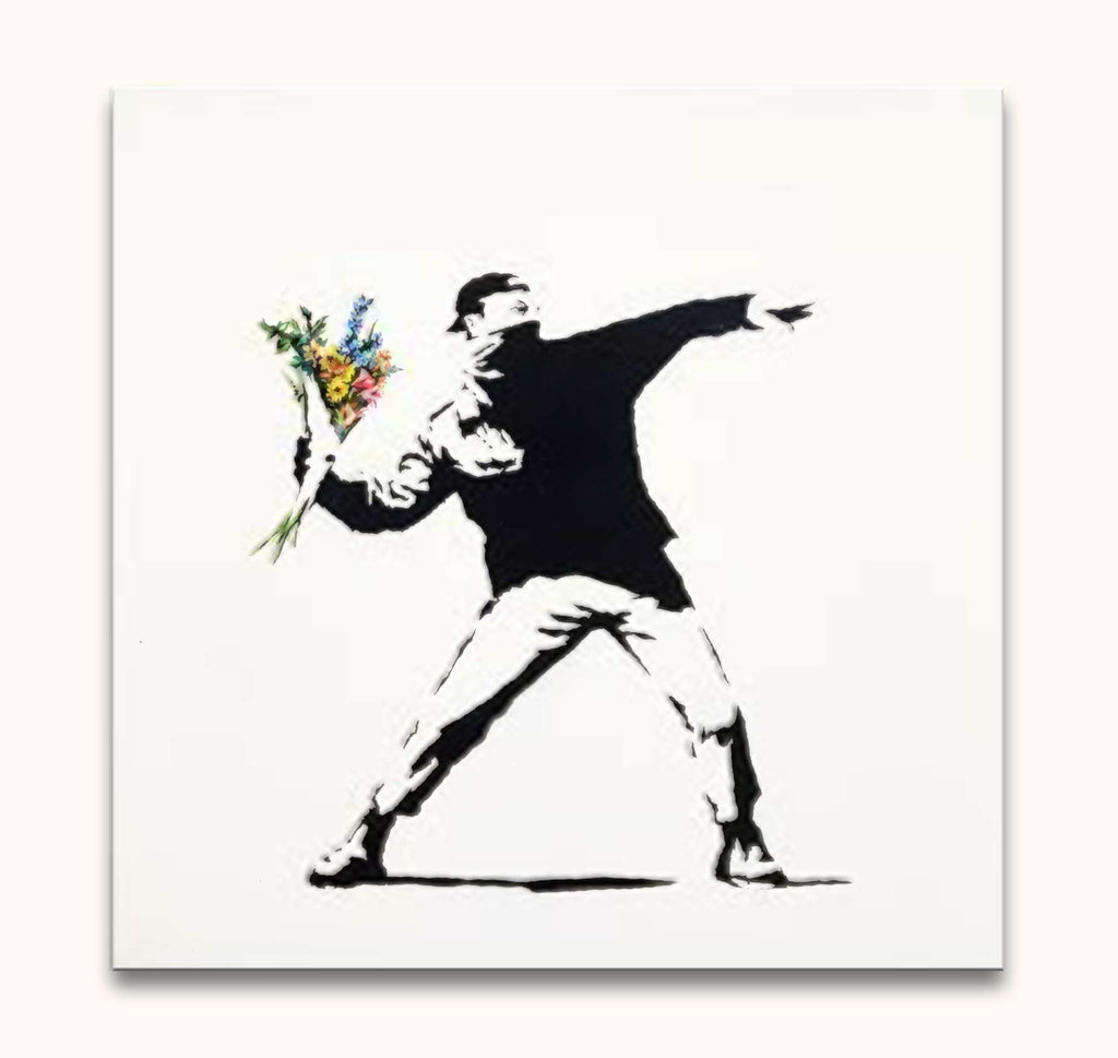 Banksy - Riot on White: A hand-painted depiction of a protestor with flowers, blending street and pop art on high-quality, UV-protected canvas. Ready to hang, frame-free.