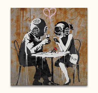 Banksy-inspired 'Think Tank': two figures with diving helmets at a café table, hand-painted in street pop art style. Ideal for lovers of modern graffiti art.