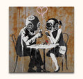 Banksy-inspired 'Think Tank': two figures with diving helmets at a café table, hand-painted in street pop art style. Ideal for lovers of modern graffiti art.