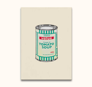 Banksy-inspired pop art oil painting Value Tomato Soup, depicting a Tesco can in graffiti style, hand-painted on museum-quality canvas, ideal for modern interiors.