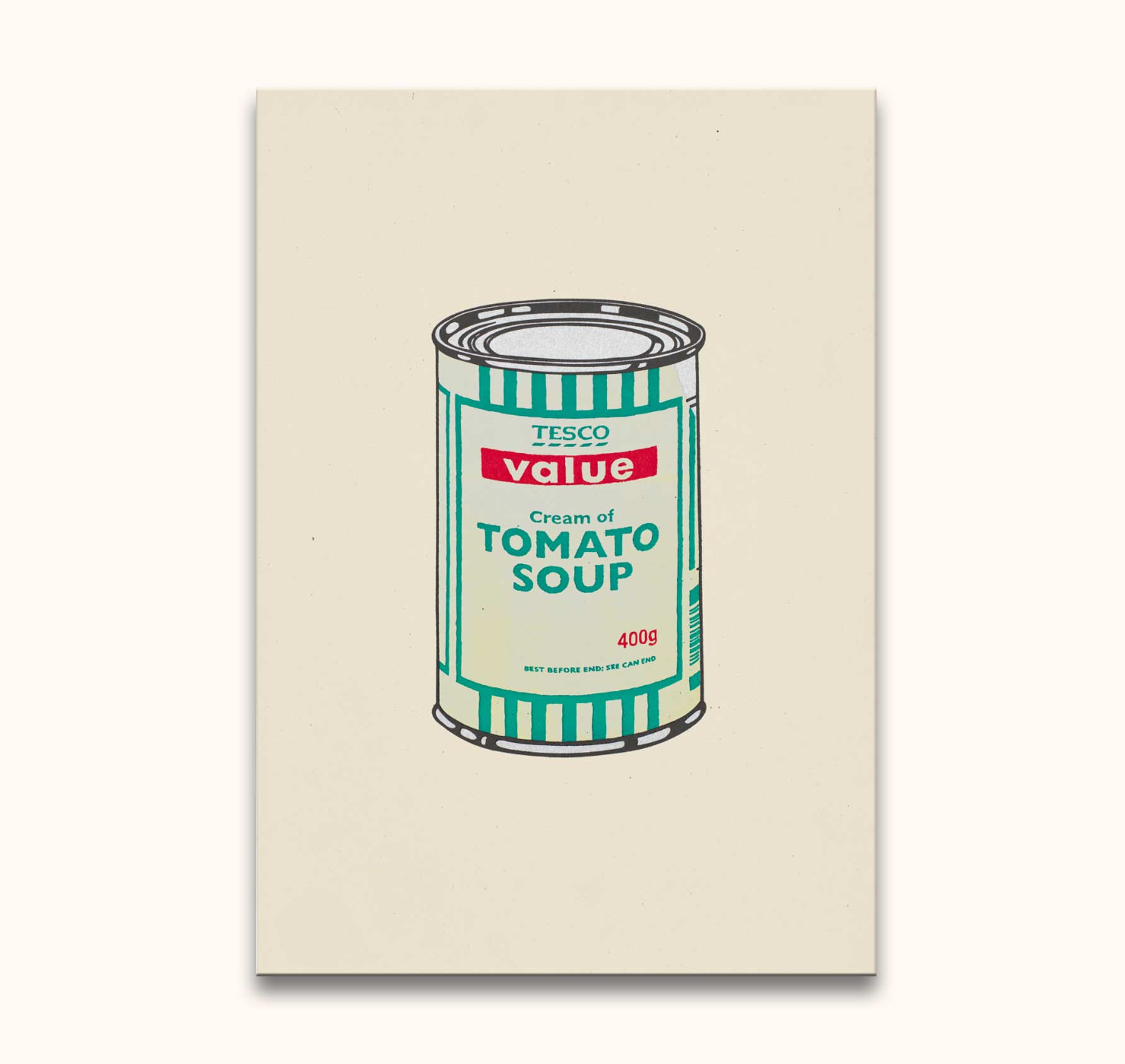 Banksy-inspired pop art oil painting Value Tomato Soup, depicting a Tesco can in graffiti style, hand-painted on museum-quality canvas, ideal for modern interiors.