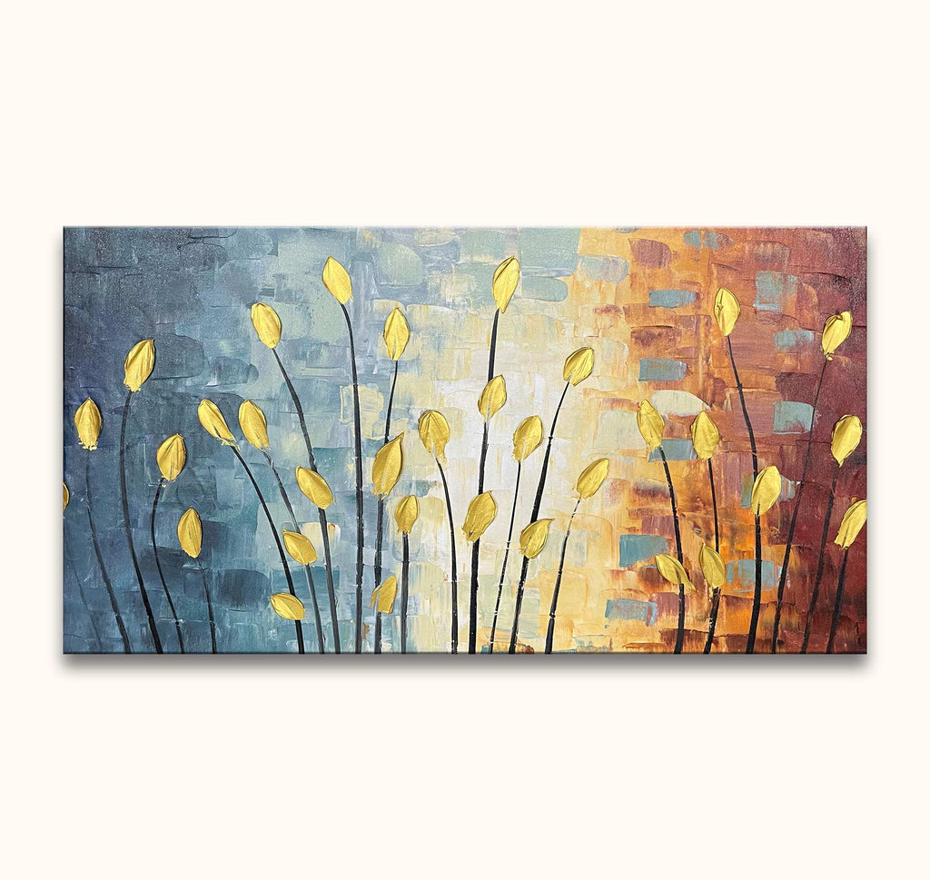 Gouden Tulpen - Dikke olieverf op canvas: Abstracte tulpen in goudtinten op een kleurrijke achtergrond, geschilderd met paletmes. Ideaal voor moderne kunstliefhebbers.