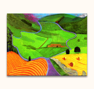 Stylized landscape painting David Hockney - Garrowby Hill with vibrant fields, winding path, and farmhouse. Hand-painted, ready to hang, UV-protected canvas.
